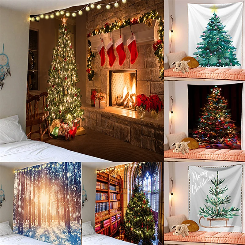 

Wall Hanging Tapestry Gorgeous Christmas Tree Fireplace Stockings Gifts Tapestry for Bedroom Living Room Dorm
