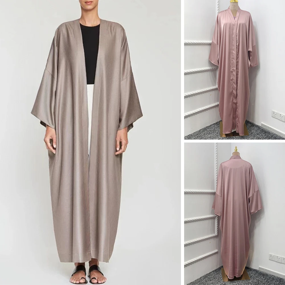 

Middle East Muslim Women Abayas Arabic Solid Kaftan Open Kimono Dubai Maxi Robe Satin Loose Cardigan Islamic Ramadan Turkish New