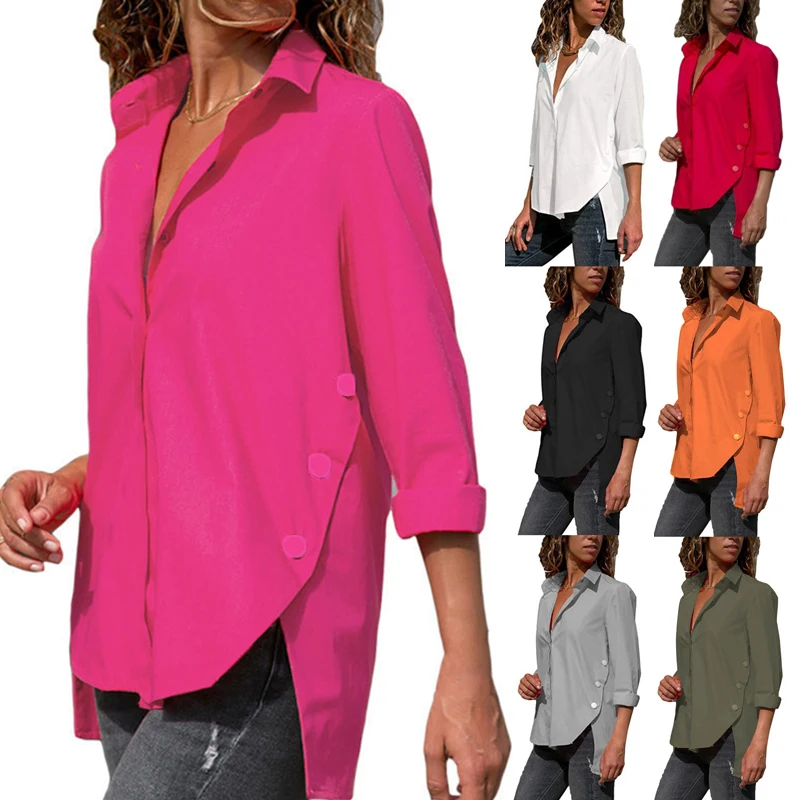 

9 Colors Autumn And Winter Long-sleeved Solid Color Irregular Split Buttoned Shirt Plus Size Women's S-5xl