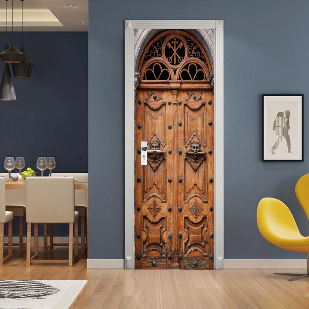 Retro Door Stickers Imitation Wood Doors Wallpaper 3D Self-Adhesive Vinyl Wall Sticker Living Room Corridor Decor Decal For Home | Дом и сад
