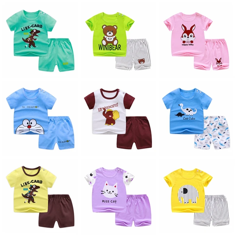 Summer Baby Cotton Suits Cool Short-sleeved T-Shirt and Pants for Babies Toddler Boys Girls Children Kids Clothes Cartoon | Детская