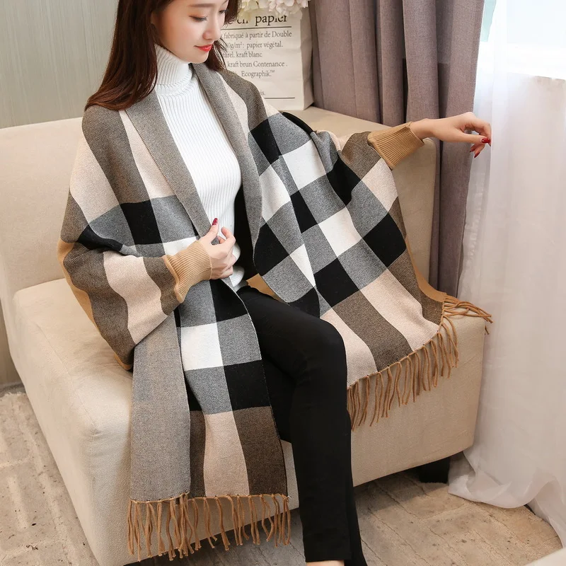 Плащ с кисточками шаль пальто женский осенний и зимний Корейский клетчатый