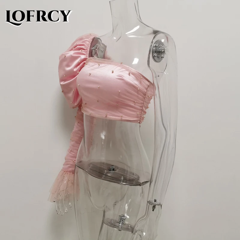 Lofrcy Для женщин облегающее платье на одно плечо с пышным рукавом украшенная
