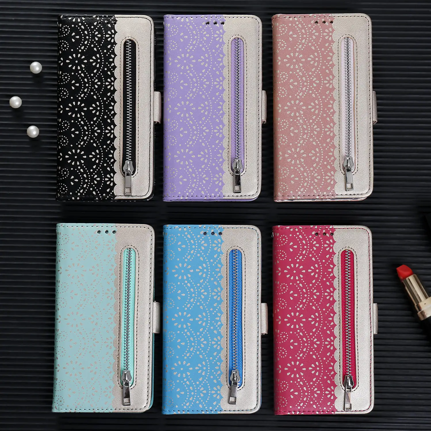 

Flip Leather Luxury Wallet Case Phone Case for iPhone 12 mini 11 Pro for Max X XS Max XR case For 78 Plus Lace Pattern zipper