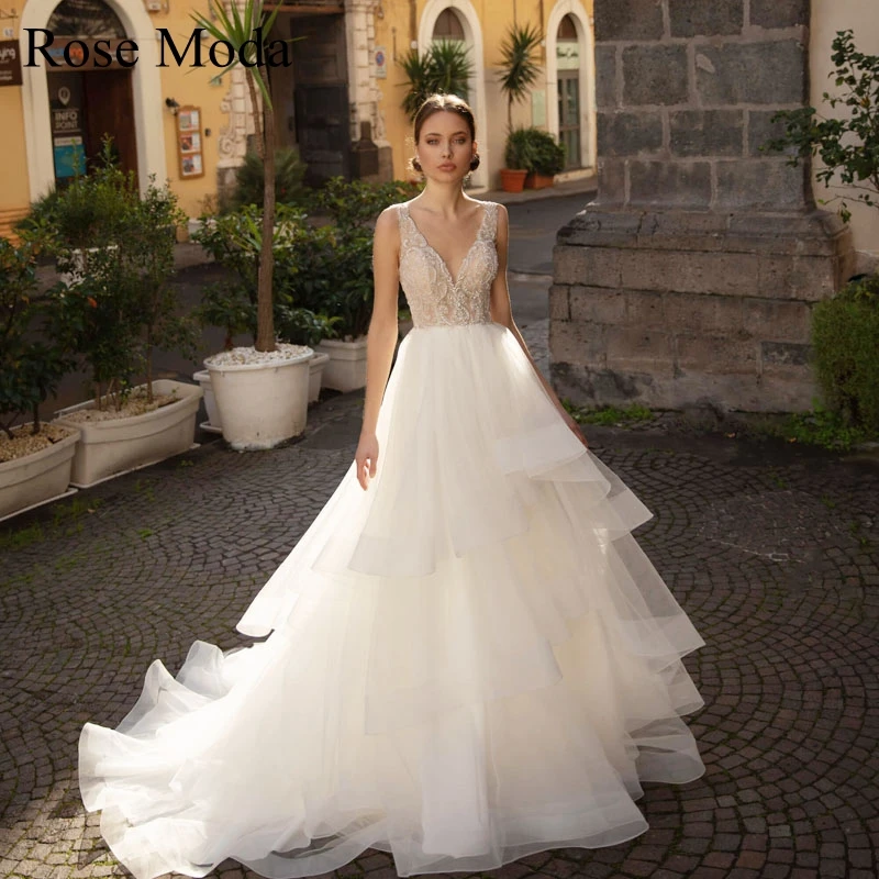 

Rose Moda Crystal Beaded Deep V Neck Princess Wedding Dress with Illusion Back Custom Make