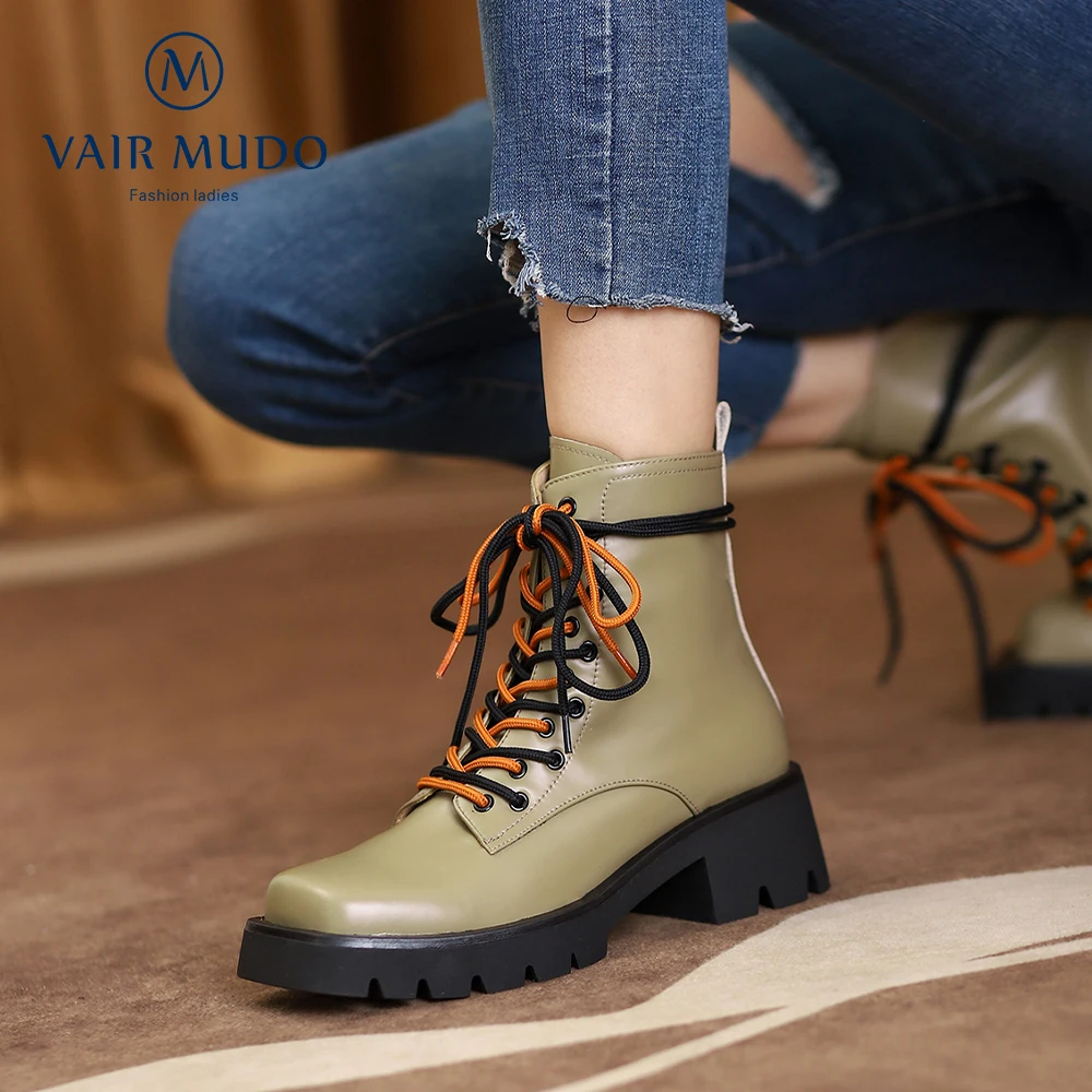 Harga VAIR MUDO Sepatu Bot Pergelangan Kaki Wanita Martin Sepatu Bot Musim Dingin Musim Gugur Padat Hitam Hijau Ujung Bundar Tebal ShoesWM-X244-C