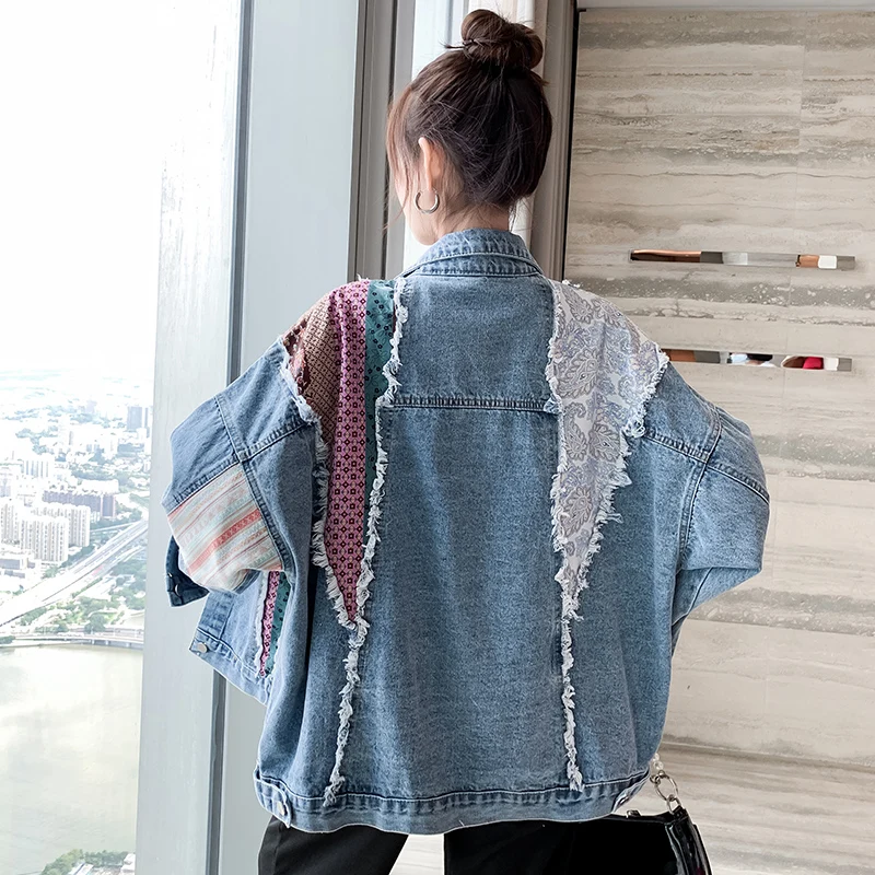 

2021 Autumn New Vintage Denim Jacket Women Fashion Chic Splicing Lapel Pockets Long Sleeve Jean Coat Female Loose Outerwear Ins