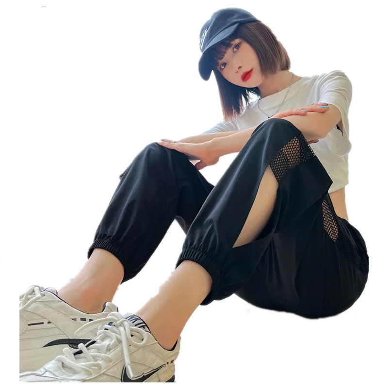 

Women Casual High Waist Lace Beamed Pants Summer Ladies Thin Straight Trousers Females Quick-Drying Hollow Out Side Clothing