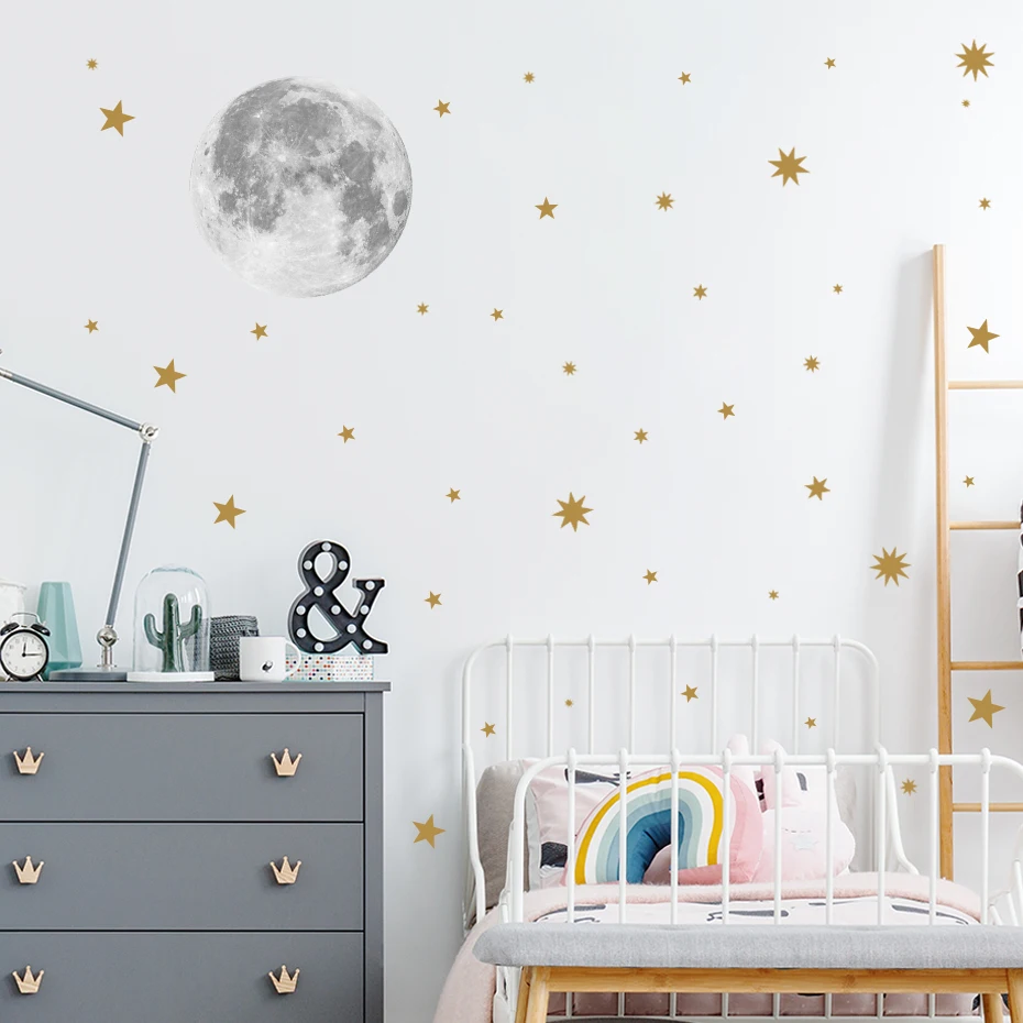 Cartoon Moon Gold Stars Wall Sticker Vinyls Nursery Kids Wall Decals Childrens Room Wallpaper Posters Interior Home Decoration