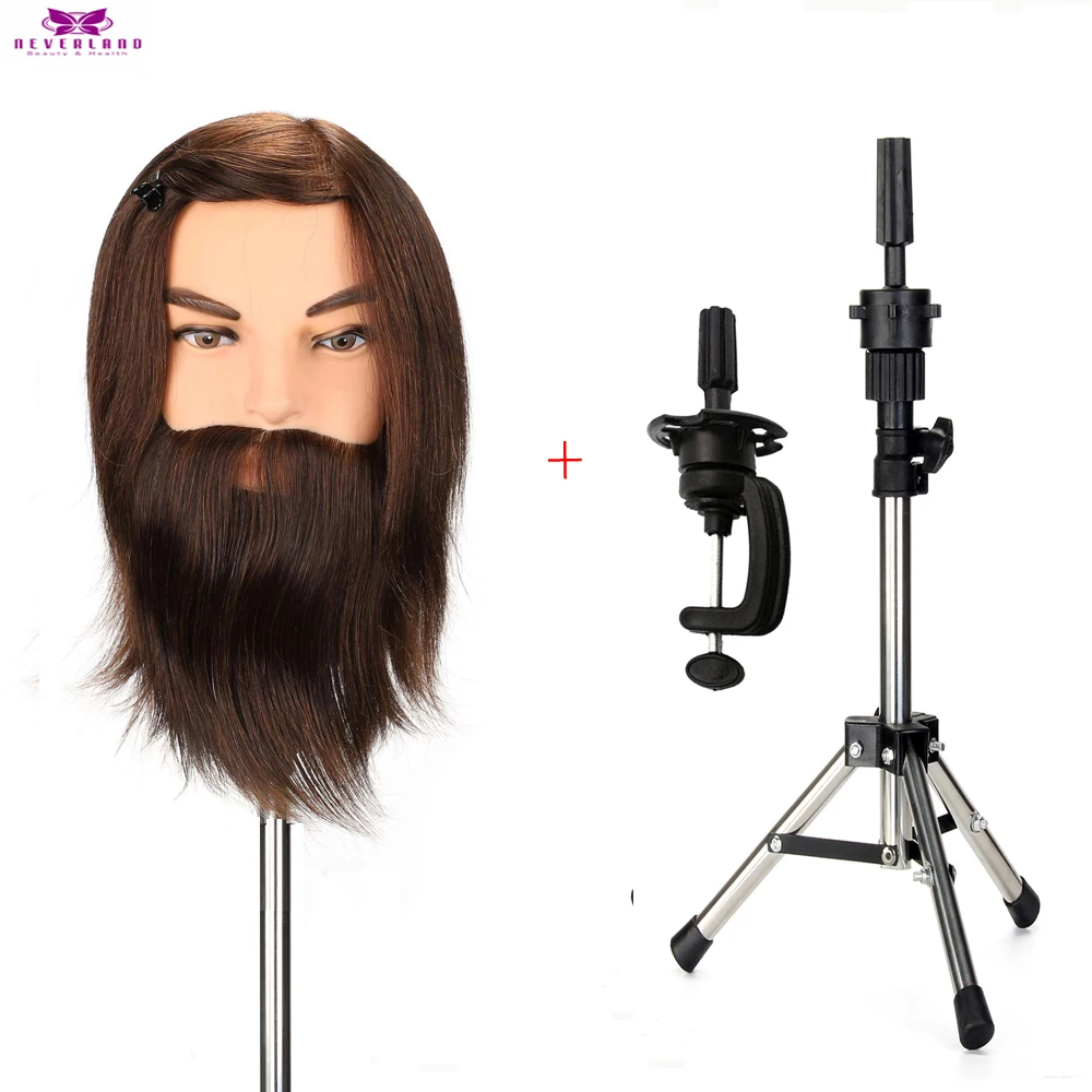 Brown 100% Real Animal Hair Beard with Tripod Stand Deep Wig Head Model for Cutting Hairdressing Training Mannequin | Дом и сад