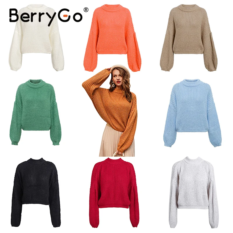 

BerryGo Elegant knitted red sweater women Vintage long lantern sleeve jumper pullover Autumn winter loose sweater pull femme