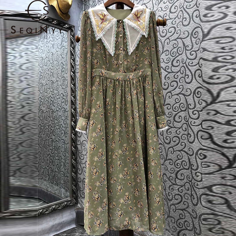 

SEQINYY Green Midi Dress Summer Spring New Fashion Design Women Runway Bird Flower Embroidery Sequins Beading Print High Street