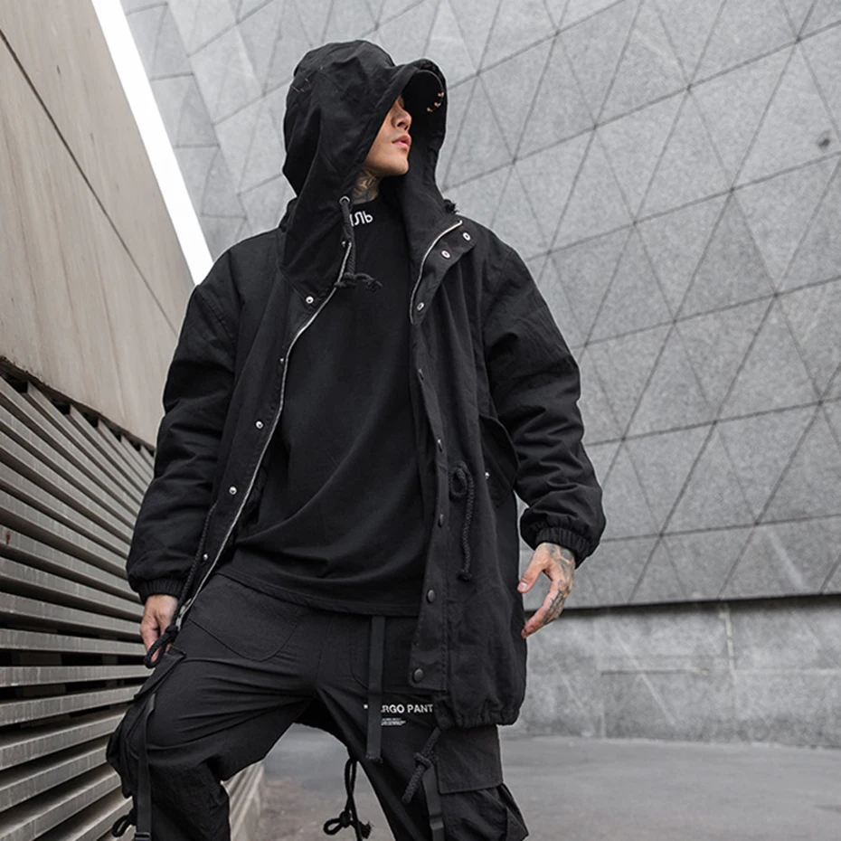 

Mens Winter Padded Jackets Long Hooded Trench Coat Black Oversized Fashion Coats Hip Hop Gothic Y2K Men's Top Clothes