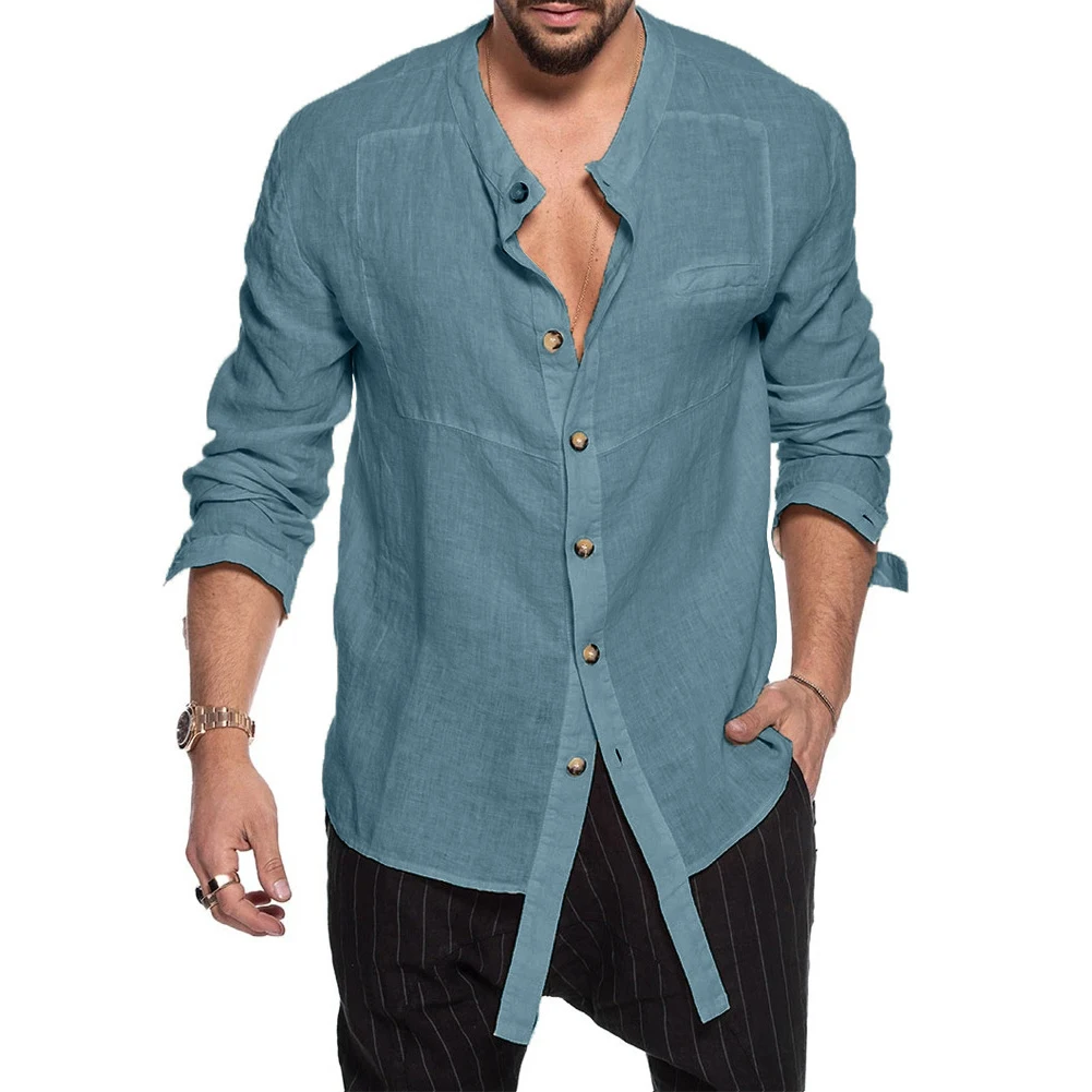 

Men Casual Solid Color Long Sleeve Stand Collar Single-breasted Shirt All Match Comfortable
