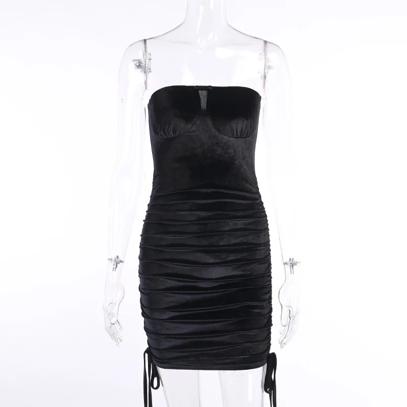 

Drawstring decoration reveals breasts pleated dress female spring and autumn new sexy style solid color one-step skirt