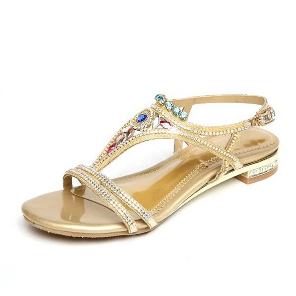 

New Summer Rhinestone Sequins Women Sandals Fashion String Bead Low Heels Leisure Open Toe Outwear Ladies Shoes Big Size D0011