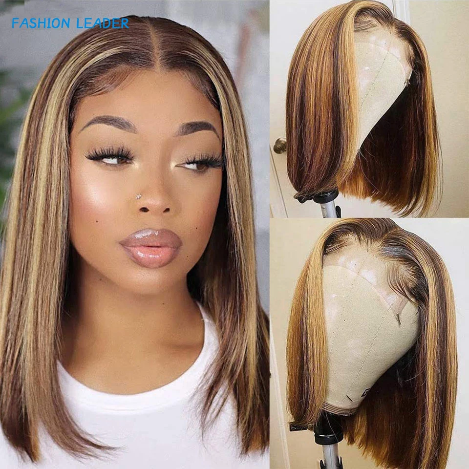 

Highlight Blunt Cut Bob Wig Ombre 4/27 Straight Hair Lace Frontal Wig Highlight Wigs Brazilian Human Hair 4x4 Closure Wig