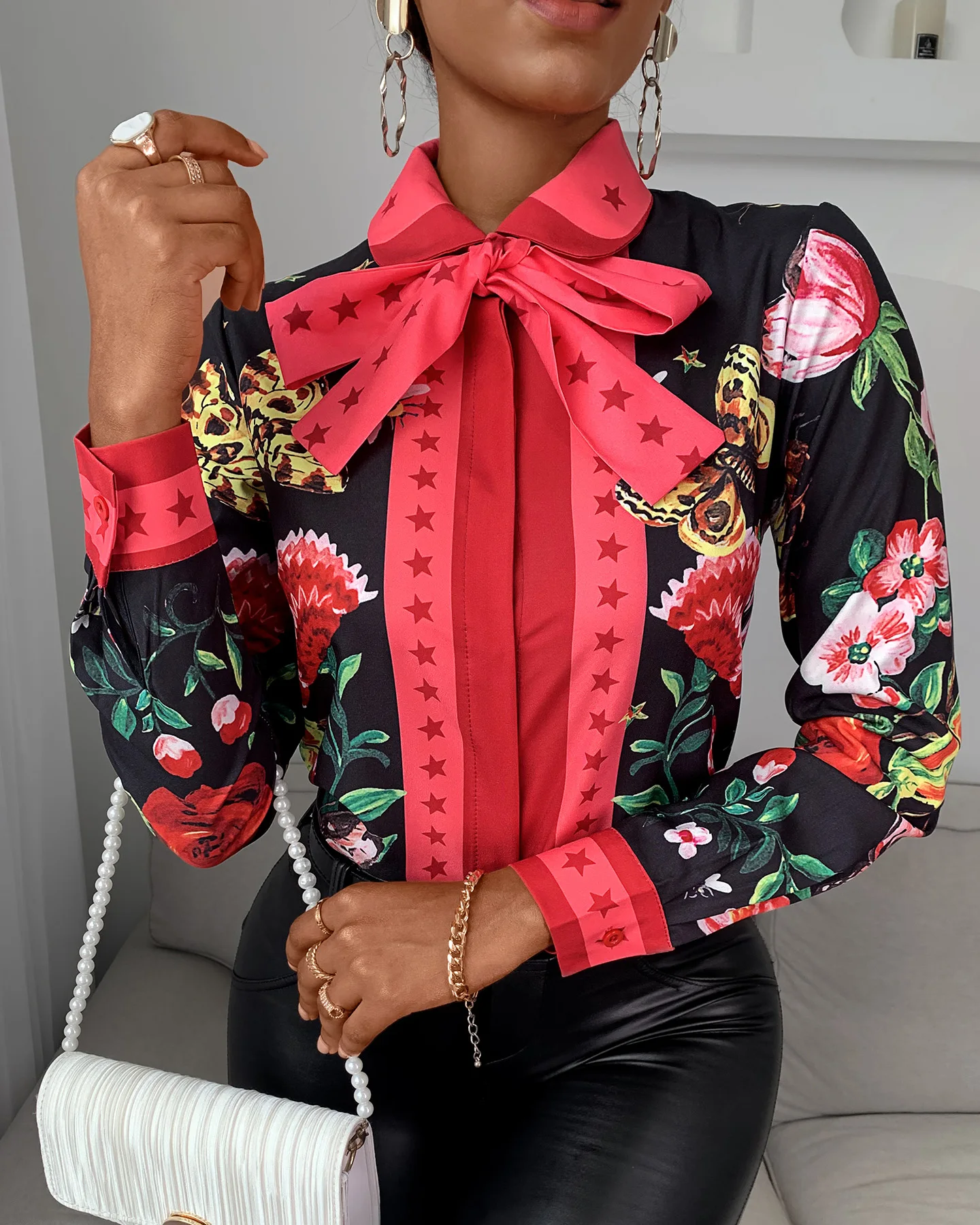 2020 Women Casual Autumn Turn-down Collar Chic Chiffon Blouse Tie Neck Floral Butterfly Print Long Sleeve Blouse Ladies Shirt
