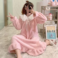 coral fleece autumn and winter new long thickened flannel cute sweet solid color long sleeved home wear pajamas