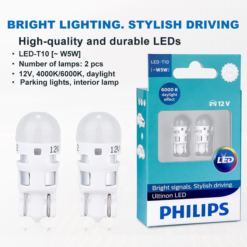 Philips W5W 12V светодиодный 1 0W W2 1x9 5d Auto 6000K 4000K теплый белый Ultinon карт.уп. 2шт T10