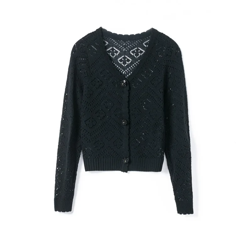 2021 Autumn Winter Fashion Cardigans High Quality Women V-Neck Crochet Knitted Long Sleeve Casual Apricot Black Sweater Cardigan