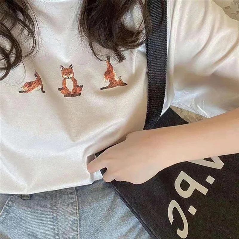 

Rowling Women Fox Print Graphic Tees Summer O Neck Short SleeveCotton Logo T-Shirt Simple Casual Good Quality Tops 2021 #5