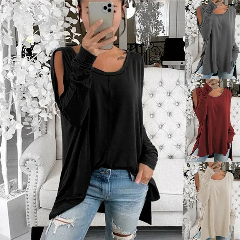 

Off Shoulder Loose T-Shirt Long Sleeve Solid Color Pullover Casual Hollow Out Shirt Sexy Tops Women Clothings
