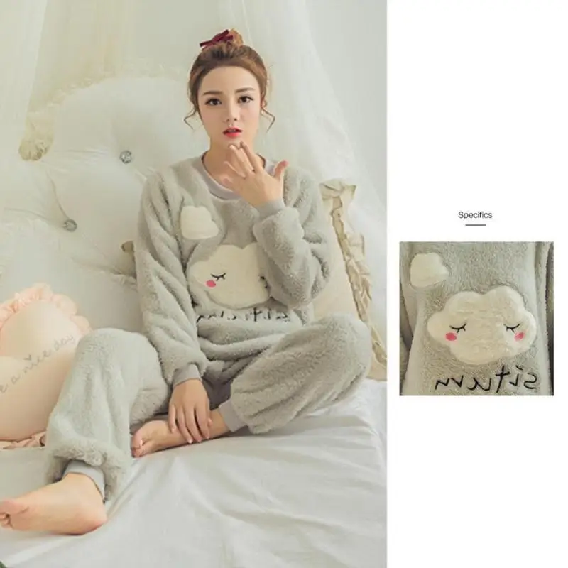2pcs Autumn Winter Women Thin Flannel Women Pajama Set Pullover Thick Coral Velvet Long Sleeve Cartoon Homewear Dropshipping