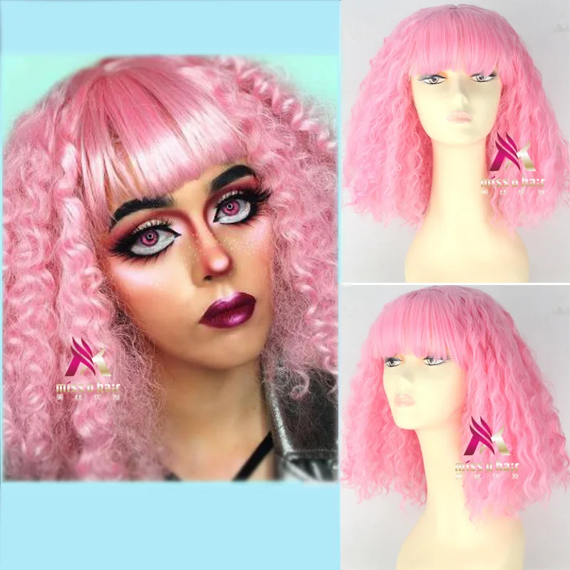 

Pink Nicki Minaj American Star pink wig curly party pink wig Role Play hair Comic fancy hair with hair+wig cap free shipping