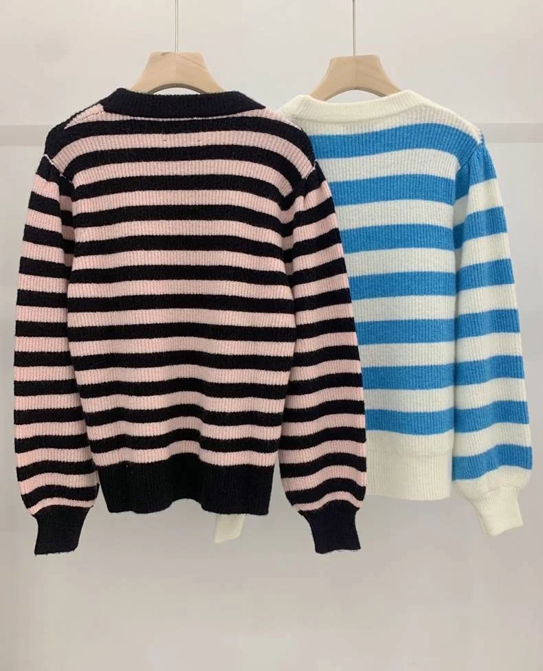 

Women O-Neck Stripes Knitted Sweater 2021 Spring and Autumn Lantern Sleeve Ladies Knitted Pullover Tops Female Knitwear