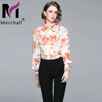 runway design orange floral blouse shirt autumn woman clothing shirt collar lantern sleeve office lady flower print shirt m63274