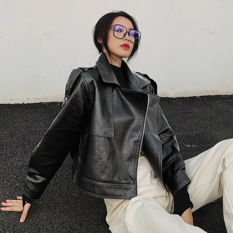 Chaqueta de cuero PU holgada para mujer, chaqueta de cuero PU con forro polar para Otoño e Invierno 2020