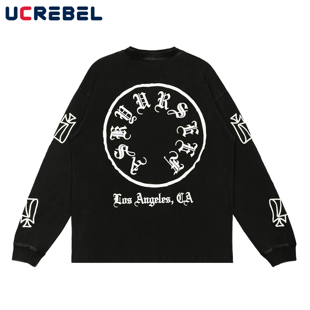 

Letter print Long Sleeve T-shirt Mens Autumn Casual Distressed Crew Neck Cotton Tee Streetwear Loose Tshirt Men