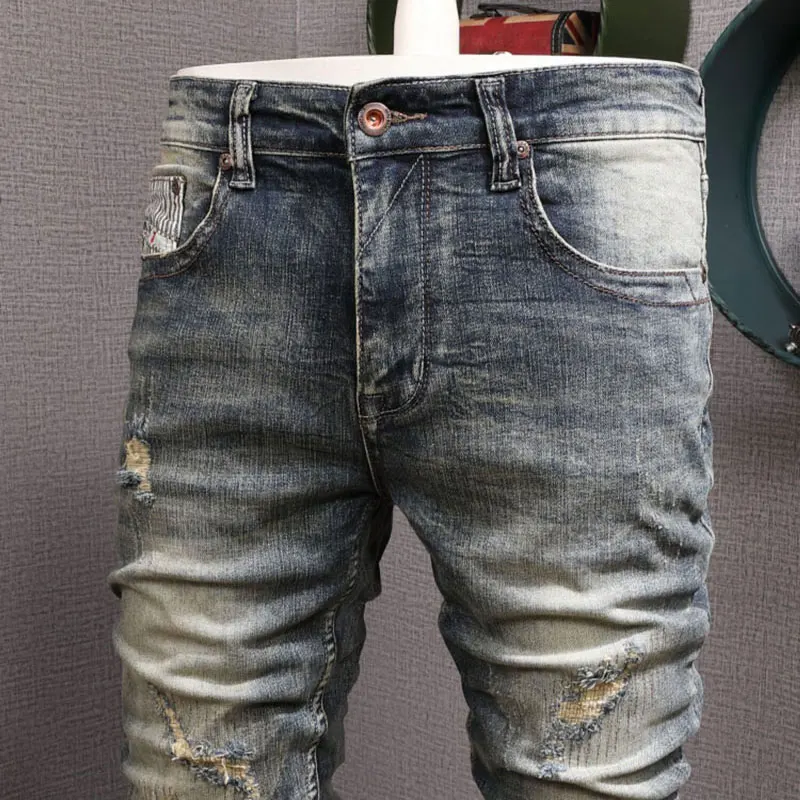 European Street Style Fashion Men Jeans Retro Blue Elastic Slim Ripped Jeans Men Patchwork Vintage Designer Casual Denim Pants