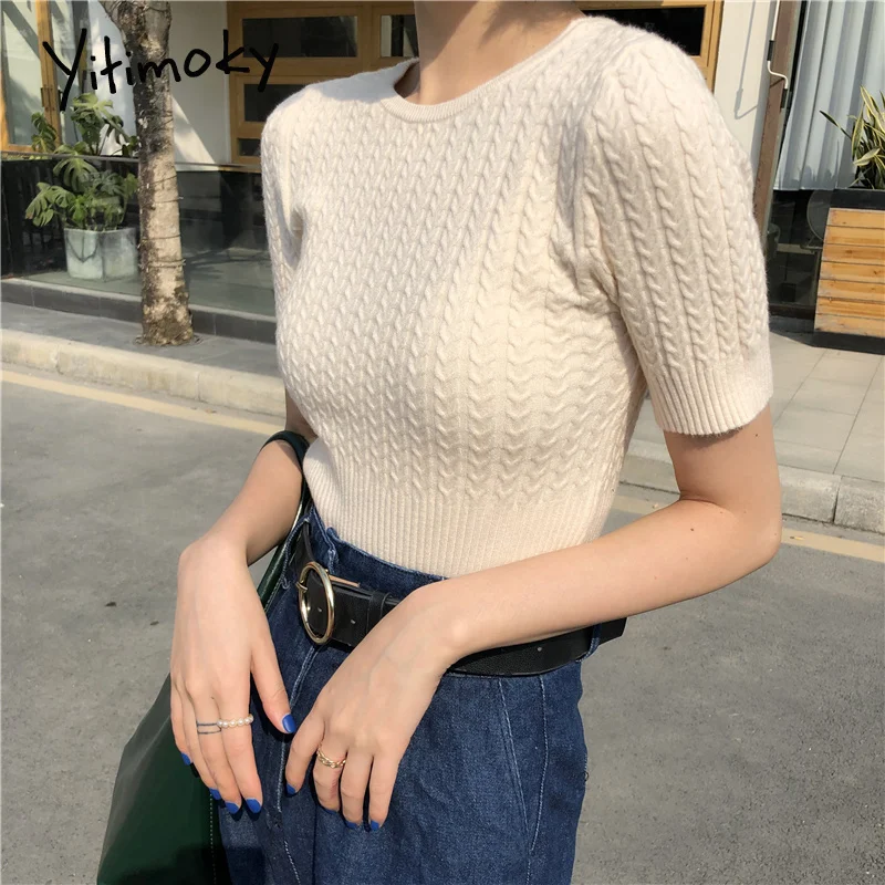 Винтажные женские свитера пуловер с коротким рукавом и джемперы круглым вырезом