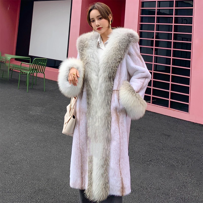 FURSARCAR 2021 New Luxurious Real Mink Fur Jacket Women Winter Natural Golden Fox Fur Coat Fashion Long Mink Outwear