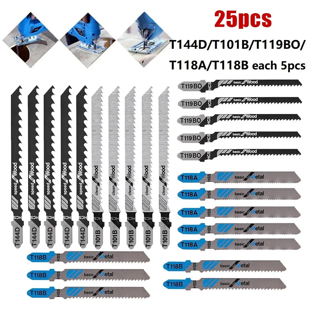 25Pcs Jig Saw Blade Jigsaw Blades Set Metal Wood Assorted Blades Woodworking T144D/T244D/T118A/T111C