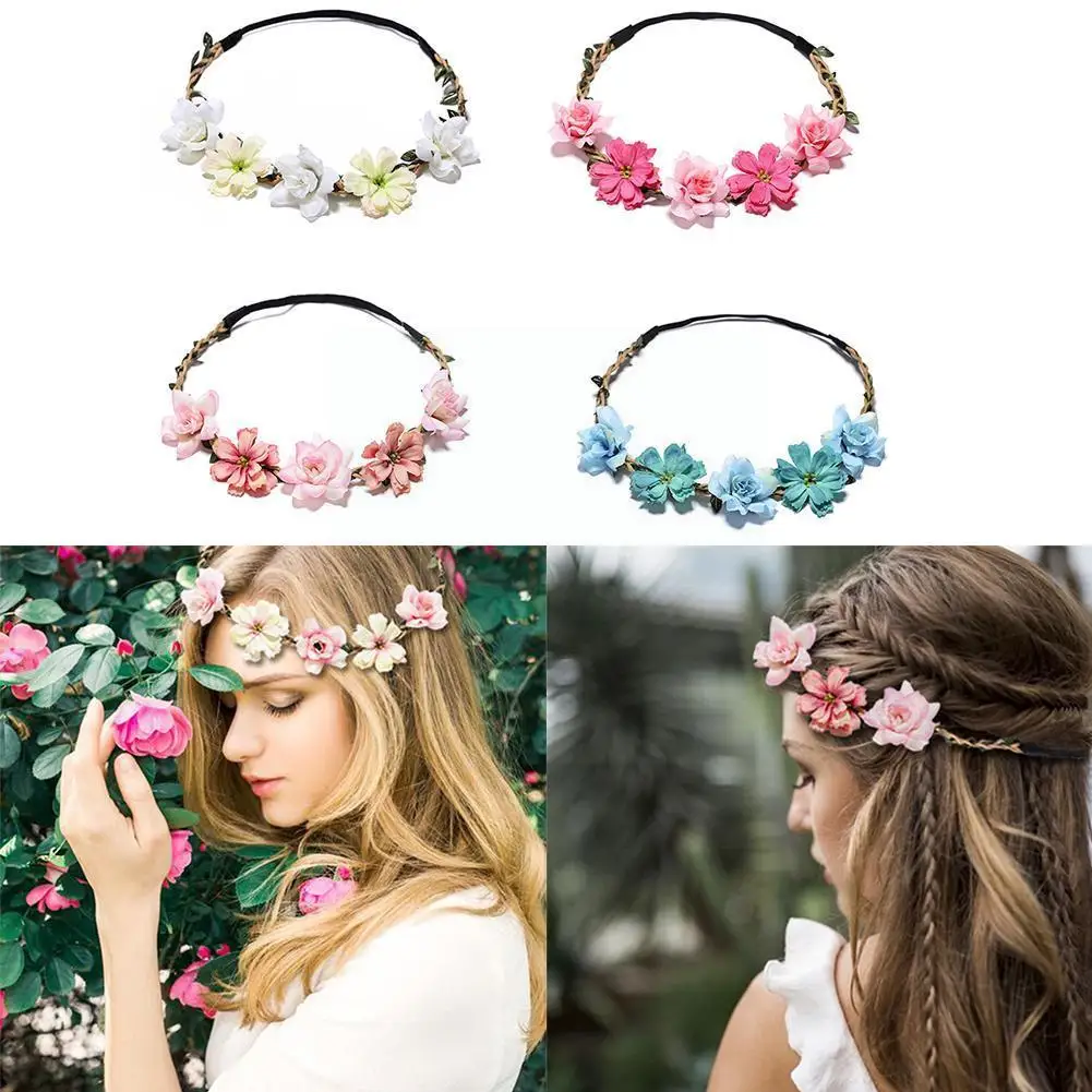 

2021 Spring Bohemian Flower Crowns Beach Hawaii Floral Romantic Rose Wedding Wreaths Garland Flower Faux Headband New A8f2