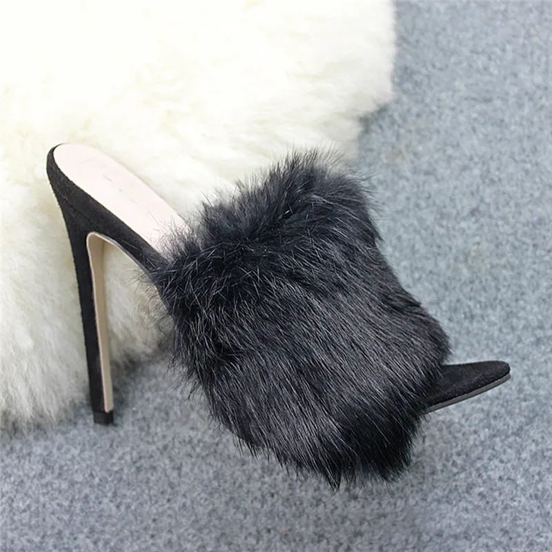 

Summer Woman Pumps Flock Luxury Rabbit Fur Candy Color High Heels Fur Peep Toe Slippers Ladies Slides Shoes