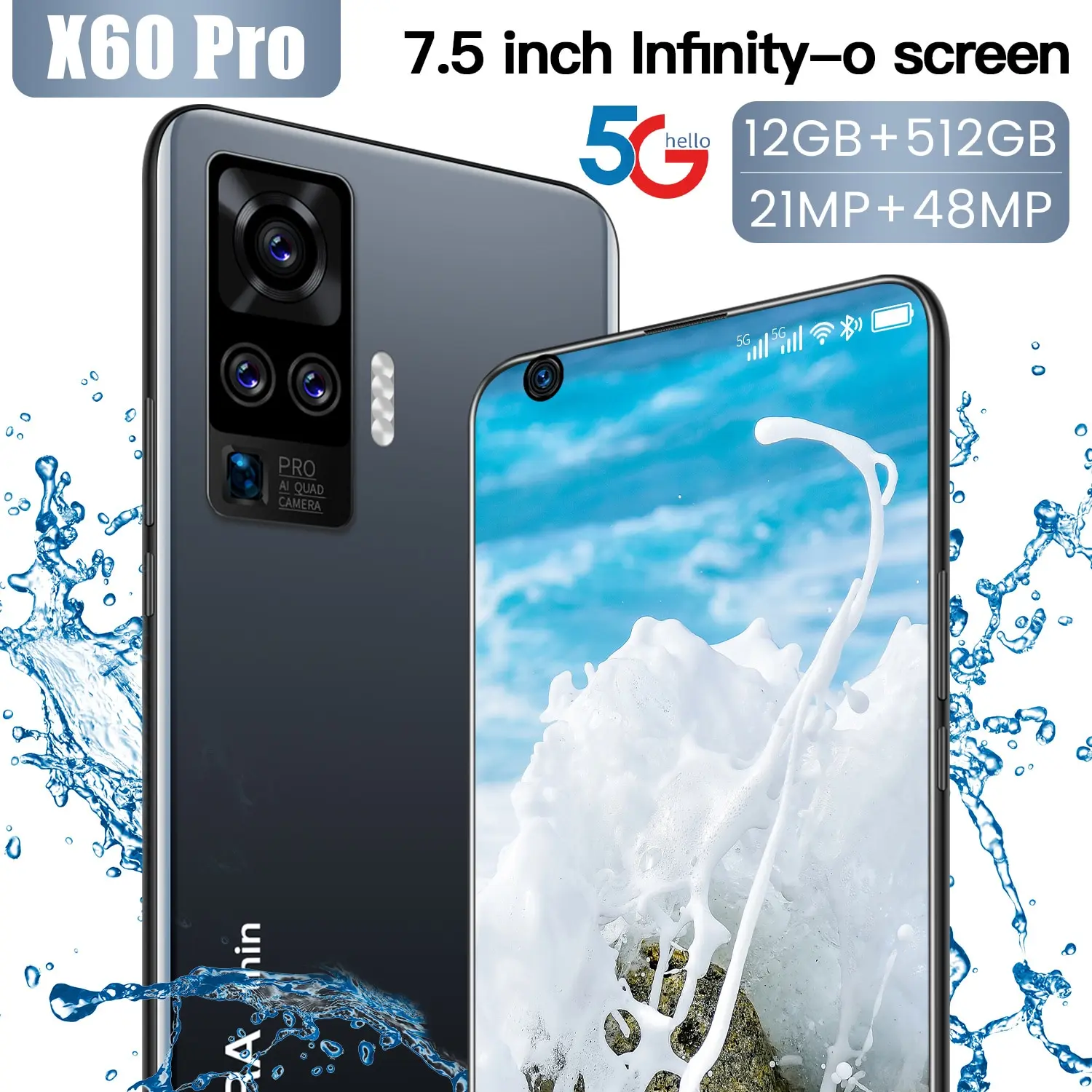 

X60 Pro 7.5 Inch Big Screen 21+48mp Andriod 10.0 Face Unlock Smart Phone Mtk6799 Global 5g Lte 10 Core Cell Phones