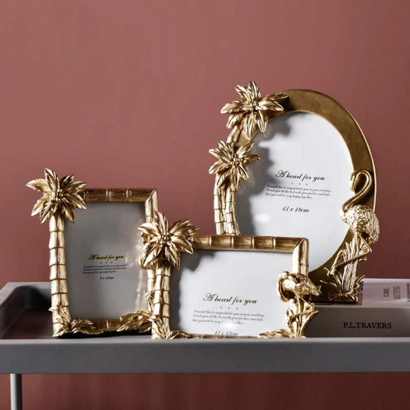 Мультяшные полимерные фоторамки золотые Фламинго дерево овальные квадратные