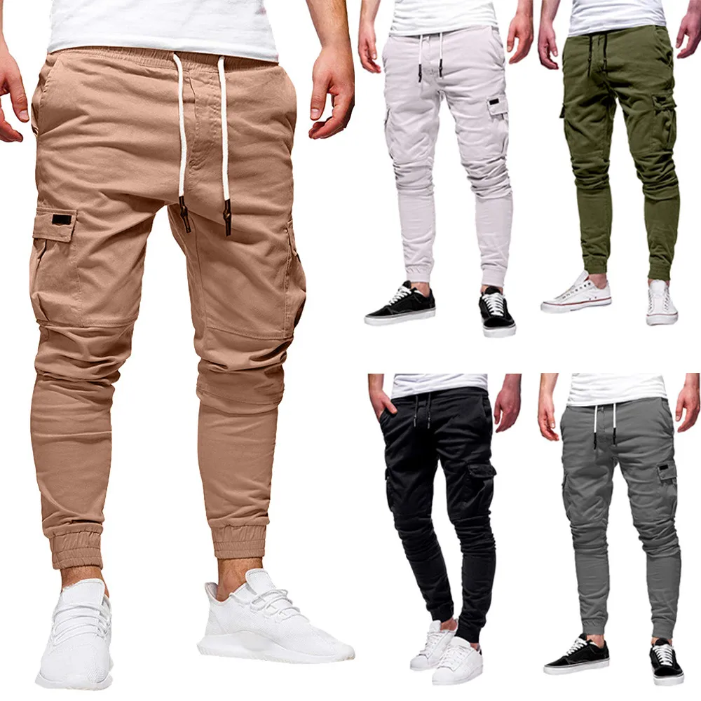 

male pants Fashion joggers Men's Sport Pure Color Bandage Casual Loose Sweatpants Drawstring Pant cargo High Quality Pants