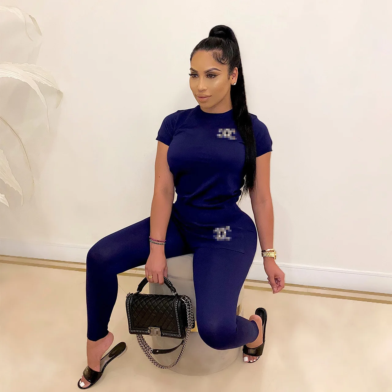 

8687 2020 European and American Foreign Trade New Solid Color Round Neck T Sleeve Joker Leisure Two-Piece Suit