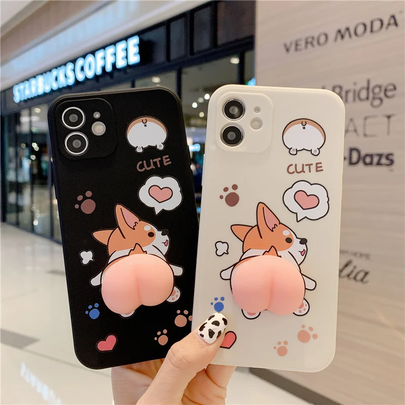 

Cute Corgi Soft Squishy Peach Phone Case For Iphone 7 8 Plus X XR XS 11 12 Pro Max Back Cover Funda Coque Reliver Stress