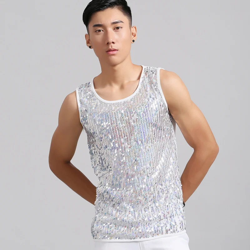 Nightclub Adult Costumes Tight Sexy Slim Elastic Sequined Vest Hair Stylist DJ Singer DS Male Men Clothing 2020 Tank Top | Мужская