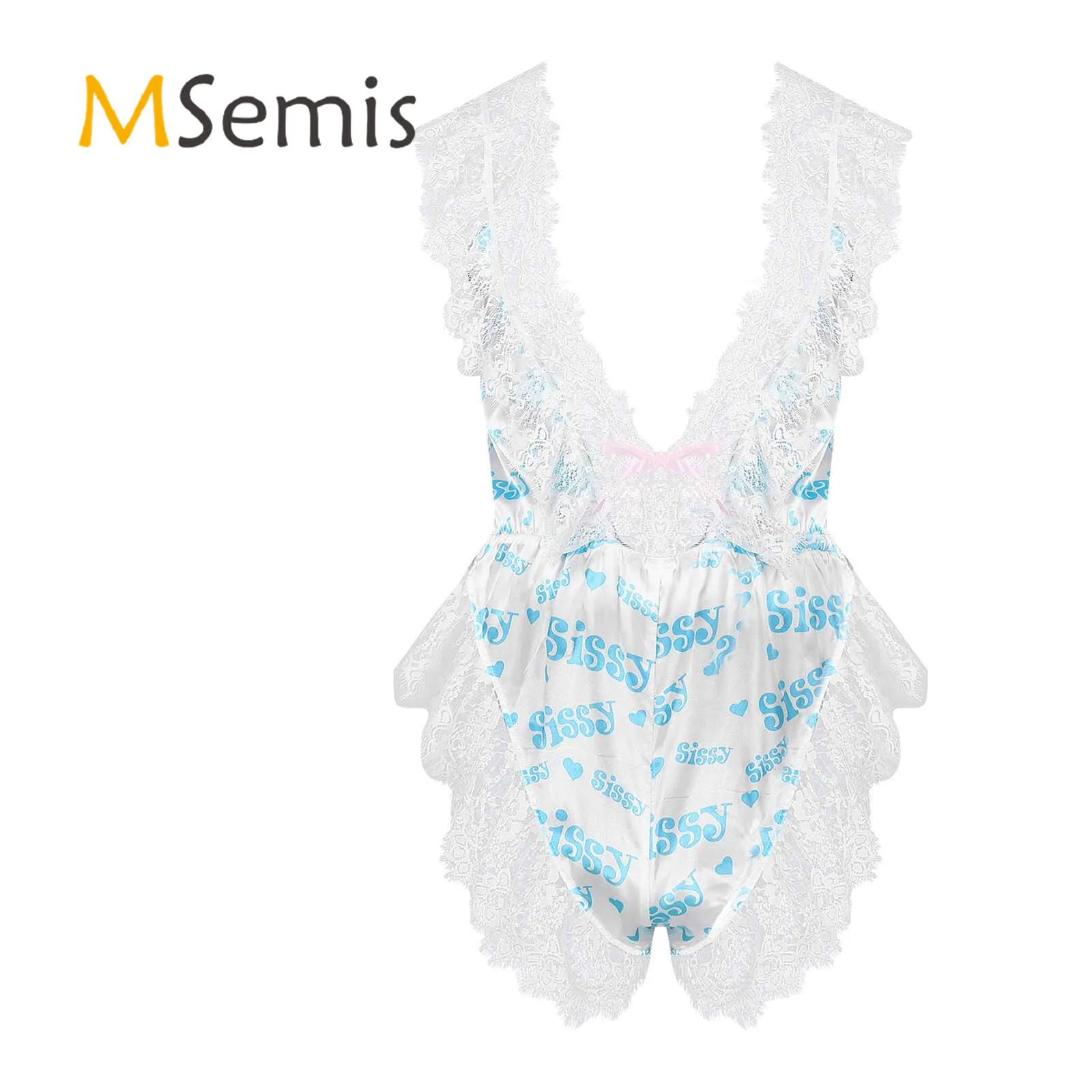

Mens V Neck Lace Ruffled Sissy Bodysuit Letter Printing Sleeveless Satin Jumpsuit High Cut One-piece Pajamas Sissy Nightwear