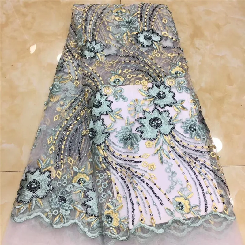 

French Tulle Lace Fabric African Mesh red Lace Fabric green High Quality Sequins beads Lace For Wedding Material