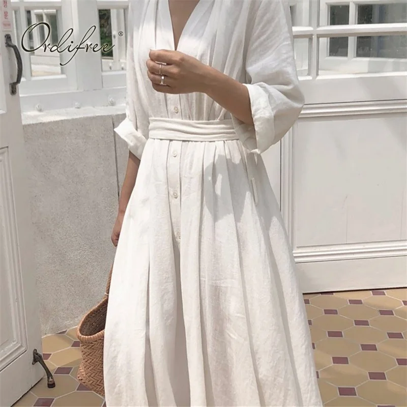 Ordifree летнее Boho женское Макси платье свободного покроя с поясом белое длинное пляжное платье праздничное платье - Цвет: White