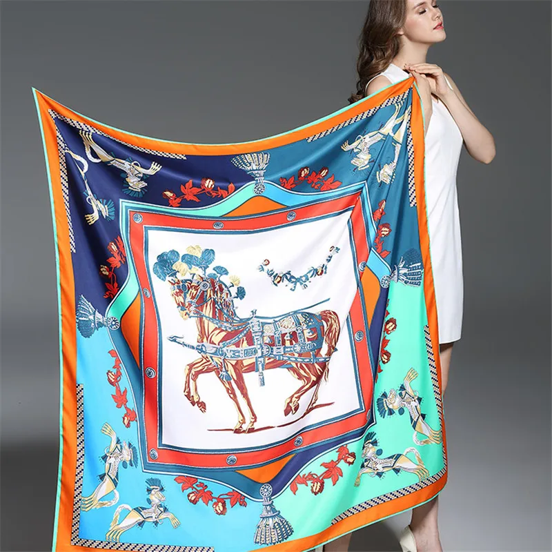 

Twill Silk Women Scarf Luxury Brand Europe Design Foulard 130*130cm French Horse Print Square Scarves Fashion Shawls Wraps
