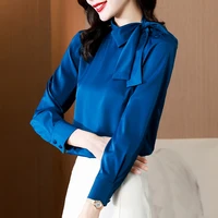 2022 fall satin women shirts blouses bowknot elegant korean ladies tops long sleeve button solid ruffled collar pullover blouse